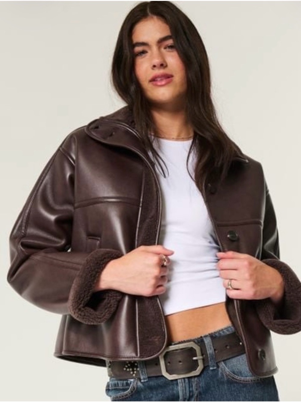 Hollister Brown Bomber Jacket with Shearling Trim Medium